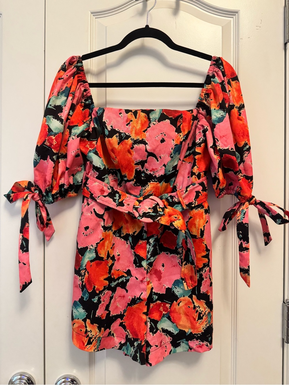 Pink Orange Floral Statement Sleeve Belted Romper